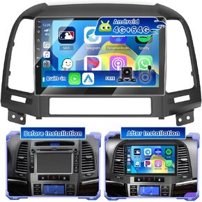 [4+64G] Hikity Android Car Stereo for Hyundai Santa fe 2006 2007 2008 2009 2010 2011 2012 with Wireless Carplay Android Auto, 9'' Touchscreen Radio Mirror Link Bluetooth WiFi Backup Cam SWC