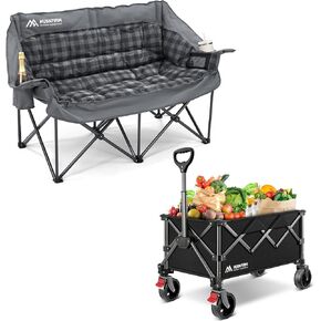 Double Camping Chairs Padded Loveseat Chair for 2 Person & Collapsible Wagon Cart with Wheels Foldable Compact Grocery Wagon with 220LBS