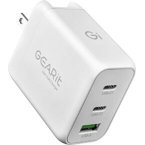 GEARit 65W USB C Charger Block - Fast Charging 3-Port GaN Wall Charger with PD 3.0 & PPS for Apple, Samsung, Dell XPS, MacBook Pro/Air, iPhone, iPad, Google Pixel - Multi Port Fast Charger USB Type C