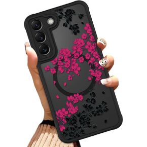 OOK Case Fit for S25 6.2 Inch (Wireless Charging Compatible) Red Floral Flowers Design Translucent Phone Cover Soft TPU + Hard PC Anti-Scratch Shockproof Magnetic Case for Women