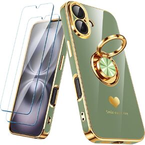 Compatible for iPhone 16 Case with 2 Pack Screen Protector, 360° Rotatable Ring Holder [Luxury Hearts Pattern] Plating Gold Edge Slim Soft Phone Cover Case for iPhone 16 - Purple