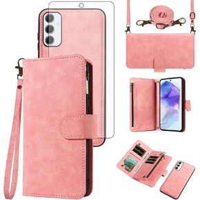 علبة هاتف ASUWISH لـ Samsung Galaxy A55 5G SHIPPER WALLET قابلة للفصل مع حامي شاشة زجاجية متدلية Crossbody Lanyard Slip Slot A 55 55A A555G Women Rosegold