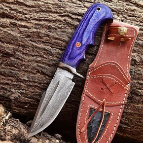 Handmade Damascus Hunting Survival Knife with Leather Sheath - Ideal for Skinning, Camping, Outdoor - EDC Fixed Blade Bushcraft Knife with Purple Wood Handle - Horizontal Carry Knives For Men