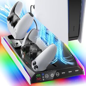 PS5/PS5 Slim Stand with Adjustable Cooling Fan, Vertical PS5 Cooling Charger Stand for PS5/PS5 Slim, Multifunctional PS5 Cooling Station with Dual Controller Chargers and RGB Light