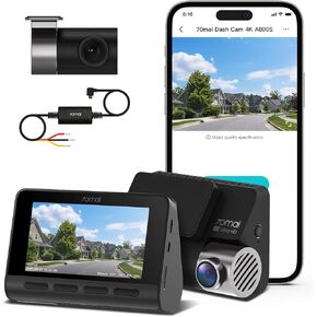 70mai 4K Dash Cam A800S, Front and Rear, Super Night Vision with Sony IMX415, 3'' IPS LCD, Built in GPS, 70mai Hardwire Kit, Parking Mode, ADAS, Loop Recording, iOS/Android App Control (Front and Rear