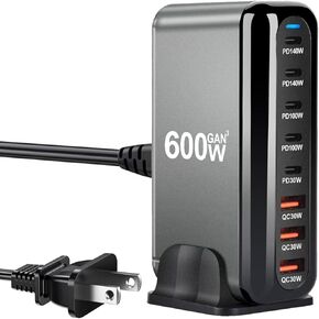 600W USB C 100W USB C Block Charger ، GAN III 8-Port Fast Charge Station Hub ، PD 3.1 140W APPTOP ADAPTER ADAPTER متوافق مع MacBook Pro/Air ، Dell ، Steam Deck ، iPhone 16/15/14 ، Galaxy S24 (Black 600W)