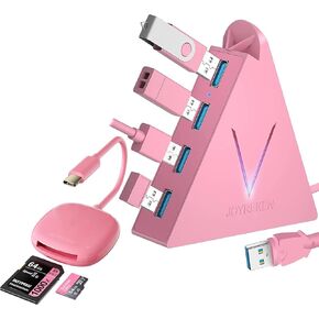 USB C SD Card Reader, Compact for iPhone 15, iPad Pro, MacBook +FlyingVHUB 4-Port USB 3.0 Hub, Pink, Extended Cable