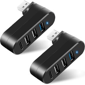 4-Port USB 3.0 Hub [90°/180° Degree Rotatable], Powered USB Hub with 1 x USB C Power/Data Port, USB Expander USB Splitter for Laptop, PC, Car, iMac, MacBook Air/Pro, Tesla-2 Pack