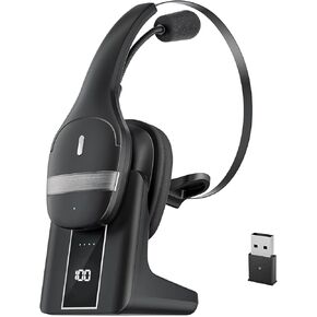 Wireless Headset with Mic for Work: Trucker Bluetooth Headset V5.3 with USB Dongle Noise Cancelling Microphone & Charging Case for Business/Computer/Laptop/Cell Phones/Remote Work/Call Center/Driving
