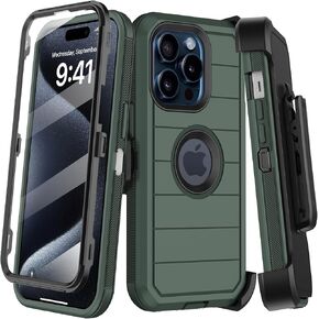 for iPhone 15 Pro Case with Built-in Screen Protector,Belt Clip Holster,Heavy Duty Shockproof Drop Protection Military Grade Durable Phone Cover with Kickstand for Apple 15 Pro (Black Orange)