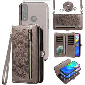 Asuwish Phone Case for Moto G Power 2020 Zipper Wallet Magnetic Detachable Cell Cover with Tempered Glass Screen Protector Crossbody Lanyard Strap Mandala Flower Card Holder Motorola GPower Women Blue