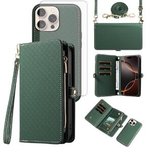 Asuwish Phone Case for iPhone 16 Pro 6.3 inch Zipper Wallet Detachable Cell Cover with Tempered Glass Screen Protector Crossbody Lanyard Strap Flip Card Holder i Phone16 i16 16Pro Women Girls Green