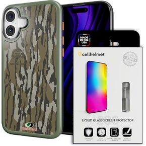 cellhelmet Fortitude MagSafe Compatible Case + Liquid Glass Screen Protector Bundle for Apple iPhone 16 Plus - Officially Licensed Mossy Oak Bottomland Camo Cover + $200 Screen Repair Guarantee Liquid