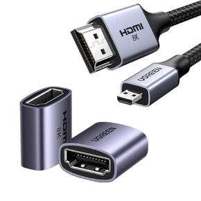 UGREEN 8K Micro HDMI to HDMI Cable 6.6FT, 2.1 Aluminum Shell Braided 48Gbps Ultra High Speed 8K@60hz Bundle with HDMI Coupler 2 Pack, 8K@60Hz HDMI Female to Female Adapter HDMI 2.1 Connector 3D 4K@240