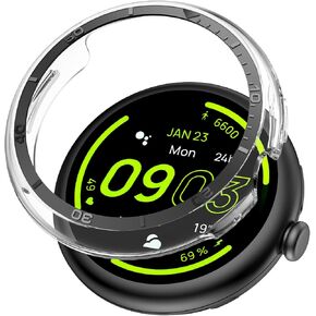 AMANECER Rugged PC Case with Metal Bezel for Pixel Watch 3 45MM, Anti-Scratch Armor Bumper Cover Edge Ring Compatible with Google Smartwatch 2024, Stylish Shockproof Clear Hard Shell - Silver