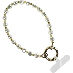 Clip and Go Phone Charm (Dainty Pearl W/Gold Beads) - Hands Free Phone Wrist Strap - Multifunctional Women’s Bracelet or Necklace Holder On Strap for Purse (Nina Collection)