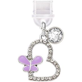 ELISE & FONDA TP490 Type-C Charging Port Anti Dust Plug Crystal Love Heart with Butterfly Cell Phone Charm for iPhone 15/16/Samsung/OnePlus/Xiaomi/oppo Android Phones (Purple)