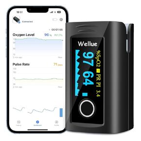 Wellue Bluetooth Pulse Oximeter Fingertip PC-60FW, Blood Oxygen Saturation Monitor with Free APP, Batteries, Carry Bag & Lanyard