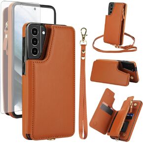 Asuwish Phone Case for Samsung Galaxy S21 5G 6.2 inch Zipper Wallet Cover with Tempered Glass Screen Protector and Crossbody Wrist Strap RFID Blocking Card Holder Cell S 21 21S G5 Women Men Rose Gold