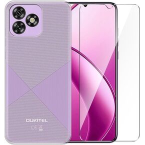 Case for Oukitel C53 + Glass Screen Protector Tempered Film - Transparent Silicone Soft Flexible Bumper Shockproof TPU Protective Cover Shell for Oukitel C53 (Clear)