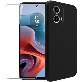 Case for Motorola Moto G34 + Glass Screen Protector Tempered Film - Transparent Silicone Soft Flexible Bumper Shockproof TPU Protective Cover Shell for Motorola Moto G34 (Black)
