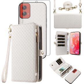 Asuwish Phone Case for Motorola Moto G Stylus 5G 2024 Zipper Wallet Detachable Cell Cover with Tempered Glass Screen Protector Crossbody Lanyard Strap Flip Card Holder Slot G5 Women Men Girls Green