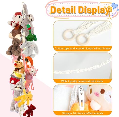 3PCS Hanging Stuffed Animal Storage - Boho Stuffed Animal Hammock Corner for Room Decor, Macrame Stuff Animal Organizer with 60 Metal Clips for Plushies Storage in Saudi Arabia
