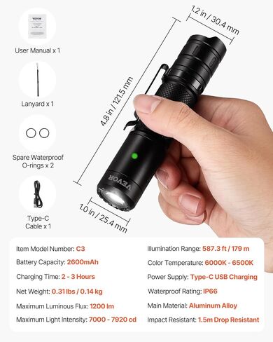VEVOR Rechargeable Flashlight, High Lumens LED Flashlight with 6 Lighting Modes, IP66 Waterproof Handheld Flash Light for Home, Hiking, Camping, Emergencies, Lightweight & Portable in Saudi Arabia