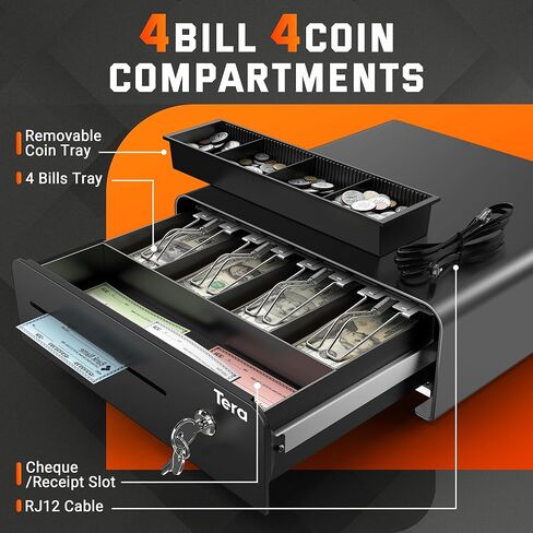 Tera Cash Drawer Heavy Duty: 13" Auto Open Arc Design with 6 Keys 4 Bill 4 Coin Fully Removable Cash Tray Media Slot Key-Lock for Point of Sale (POS) System Small Businesses Vending 335R Pink in Kuwait