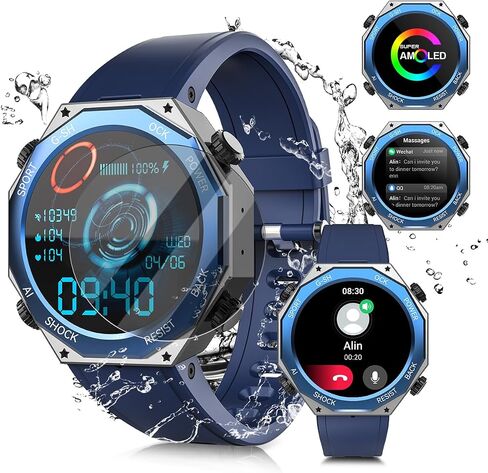 Military Smart Watch for Men Answer/Make Calls 680mAH 50M Waterproof 1.45" AMOLED Tactical Outdoor Fitness Tracker 123 Sports Smartwatch Blood Pressure SpO2 Heart Rate Sleep Monitor for Android iPhone in Saudi Arabia