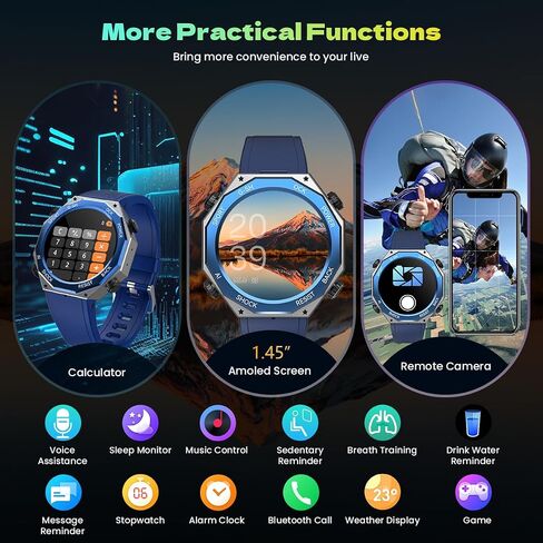 Military Smart Watch for Men Answer/Make Calls 680mAH 50M Waterproof 1.45" AMOLED Tactical Outdoor Fitness Tracker 123 Sports Smartwatch Blood Pressure SpO2 Heart Rate Sleep Monitor for Android iPhone in Saudi Arabia
