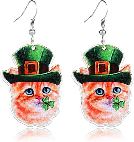 RLHRNDE أقراط عيد القديس باتريك للنساء والفتيات الأيرلندية شامروك الحيوان الكلب القط أقراط متدلية قبعة البرسيم الأخضر حدوة الحصان قطرة مهرجان أقراط هدية مجوهرات الحظ السعيد (قطة القديس باتريك) in Kuwait