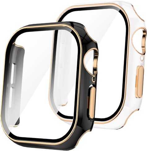 Compatible with Apple Watch Cover Series 10 42mm (2024) built in Tempered Glass Screen Protector, 2 Pack Anti-Scratch Case for iWatch (black&white/rose gold edge) in Kuwait