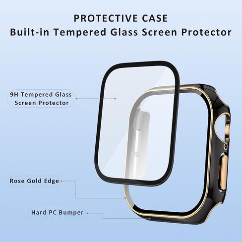 Compatible with Apple Watch Cover Series 10 42mm (2024) built in Tempered Glass Screen Protector, 2 Pack Anti-Scratch Case for iWatch (black&white/rose gold edge) in Kuwait