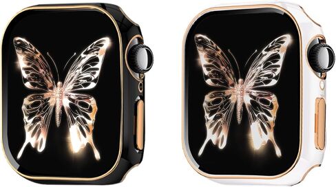 Compatible with Apple Watch Cover Series 10 42mm (2024) built in Tempered Glass Screen Protector, 2 Pack Anti-Scratch Case for iWatch (black&white/rose gold edge) in Kuwait