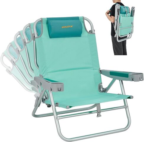 #WEJOY Backpack Beach Chairs for Adults Portable Lightweight Aluminum Folding 5 Position Reclining Camping Chair with Cup Holder Padded Pillow for Outdoor Lawn Picnic Sports (#CF 1 Pack Cyan) in Saudi Arabia