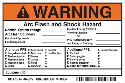 Brady Arc Flash Labels, Adhesive, Vinyl, 4" x 6" x 0.004", Black/Orange/Red On White (Pack of 5) in Saudi Arabia