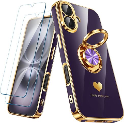 Compatible for iPhone 16 Case with 2 Pack Screen Protector, 360° Rotatable Ring Holder [Luxury Hearts Pattern] Plating Gold Edge Slim Soft Phone Cover Case for iPhone 16 - Purple in Saudi Arabia