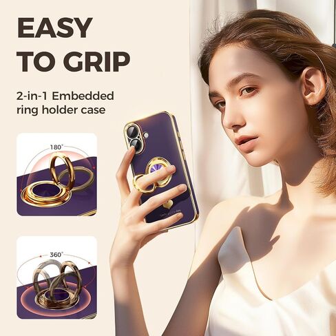 Compatible for iPhone 16 Case with 2 Pack Screen Protector, 360° Rotatable Ring Holder [Luxury Hearts Pattern] Plating Gold Edge Slim Soft Phone Cover Case for iPhone 16 - Purple in Saudi Arabia