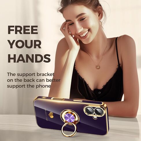 Compatible for iPhone 16 Case with 2 Pack Screen Protector, 360° Rotatable Ring Holder [Luxury Hearts Pattern] Plating Gold Edge Slim Soft Phone Cover Case for iPhone 16 - Purple in Saudi Arabia