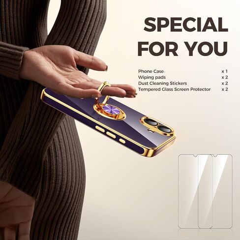 Compatible for iPhone 16 Case with 2 Pack Screen Protector, 360° Rotatable Ring Holder [Luxury Hearts Pattern] Plating Gold Edge Slim Soft Phone Cover Case for iPhone 16 - Purple in Saudi Arabia
