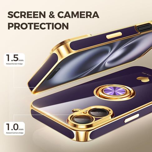 Compatible for iPhone 16 Case with 2 Pack Screen Protector, 360° Rotatable Ring Holder [Luxury Hearts Pattern] Plating Gold Edge Slim Soft Phone Cover Case for iPhone 16 - Purple in Saudi Arabia