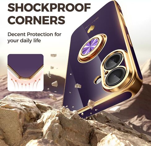 Compatible for iPhone 16 Case with 2 Pack Screen Protector, 360° Rotatable Ring Holder [Luxury Hearts Pattern] Plating Gold Edge Slim Soft Phone Cover Case for iPhone 16 - Purple in Saudi Arabia