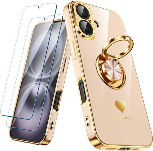 Compatible for iPhone 16 Case with 2 Pack Screen Protector, 360° Rotatable Ring Holder [Luxury Hearts Pattern] Plating Gold Edge Slim Soft Phone Cover Case for iPhone 16 - Purple in Saudi Arabia