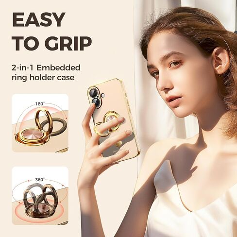 Compatible for iPhone 16 Case with 2 Pack Screen Protector, 360° Rotatable Ring Holder [Luxury Hearts Pattern] Plating Gold Edge Slim Soft Phone Cover Case for iPhone 16 - Purple in Saudi Arabia
