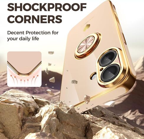 Compatible for iPhone 16 Case with 2 Pack Screen Protector, 360° Rotatable Ring Holder [Luxury Hearts Pattern] Plating Gold Edge Slim Soft Phone Cover Case for iPhone 16 - Purple in Saudi Arabia