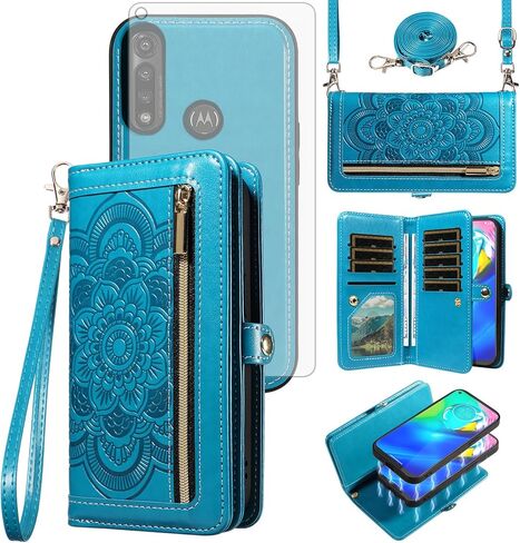 Asuwish Phone Case for Moto G Power 2020 Zipper Wallet Cover Magnetic Disachable Cover مع حامي شاشة زجاجية محفنة Crossbody Lanyard Mandala حامل بطاقة زهرة Motorola Gpower النساء الأزرق in Kuwait