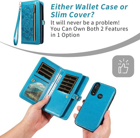 Asuwish Phone Case for Moto G Power 2020 Zipper Wallet Cover Magnetic Disachable Cover مع حامي شاشة زجاجية محفنة Crossbody Lanyard Mandala حامل بطاقة زهرة Motorola Gpower النساء الأزرق in Kuwait