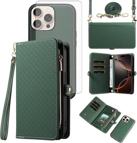 Asuwish Phone Case for iPhone 16 Pro 6.3 inch Zipper Wallet Detachable Cell Cover with Tempered Glass Screen Protector Crossbody Lanyard Strap Flip Card Holder i Phone16 i16 16Pro Women Girls Green in Kuwait