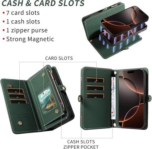 Asuwish Phone Case for iPhone 16 Pro 6.3 inch Zipper Wallet Detachable Cell Cover with Tempered Glass Screen Protector Crossbody Lanyard Strap Flip Card Holder i Phone16 i16 16Pro Women Girls Green in Kuwait